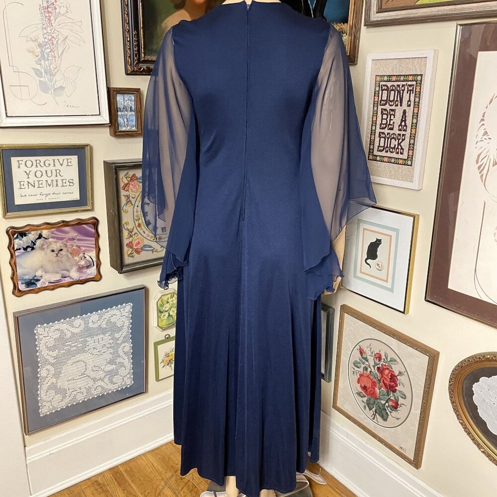 70s Vintage Navy Blue Gown With Sheer Sleeves & Embroidered V-Neck Size XL - Picture 5 of 5